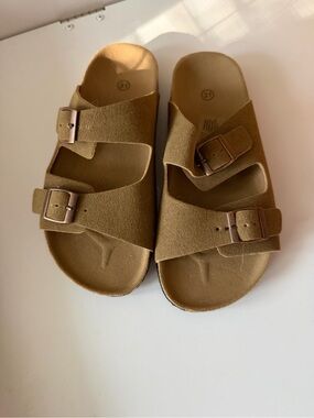 Kids' Double-Buckle Suede-Look Sandals in Brown